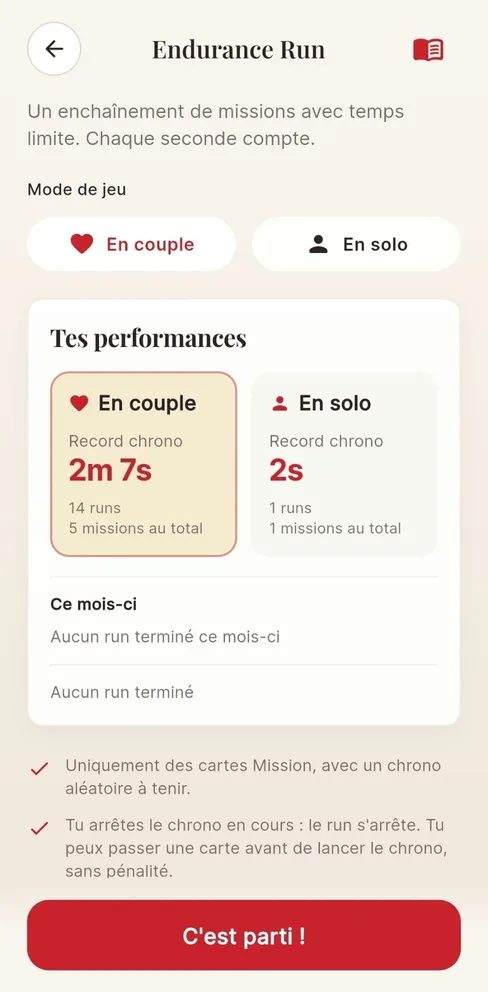 Écran du mode Endurance Run avec record chrono