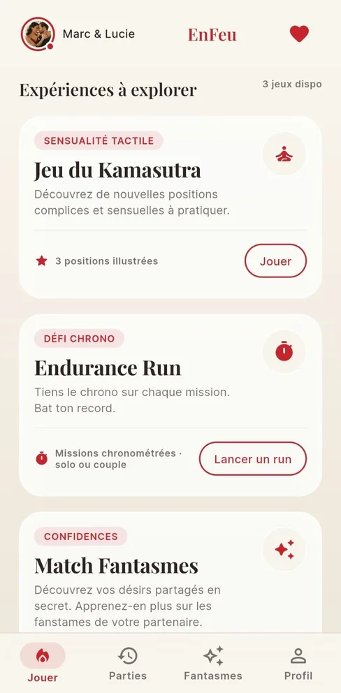 Les expériences à explorer dans EnFeu : Jeu du Kamasutra, Endurance Run et Match Fantasmes