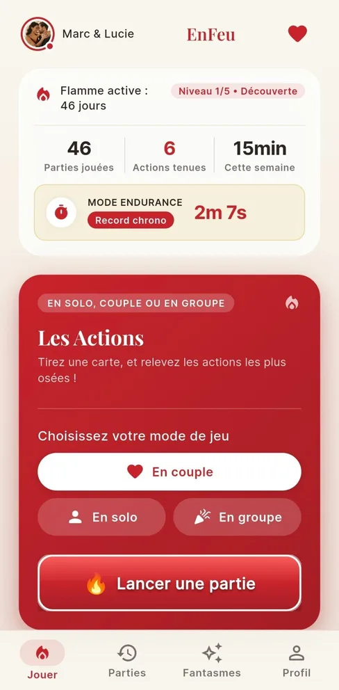 Écran d’accueil de l’app EnFeu : choix du mode de jeu en couple, en solo ou en groupe